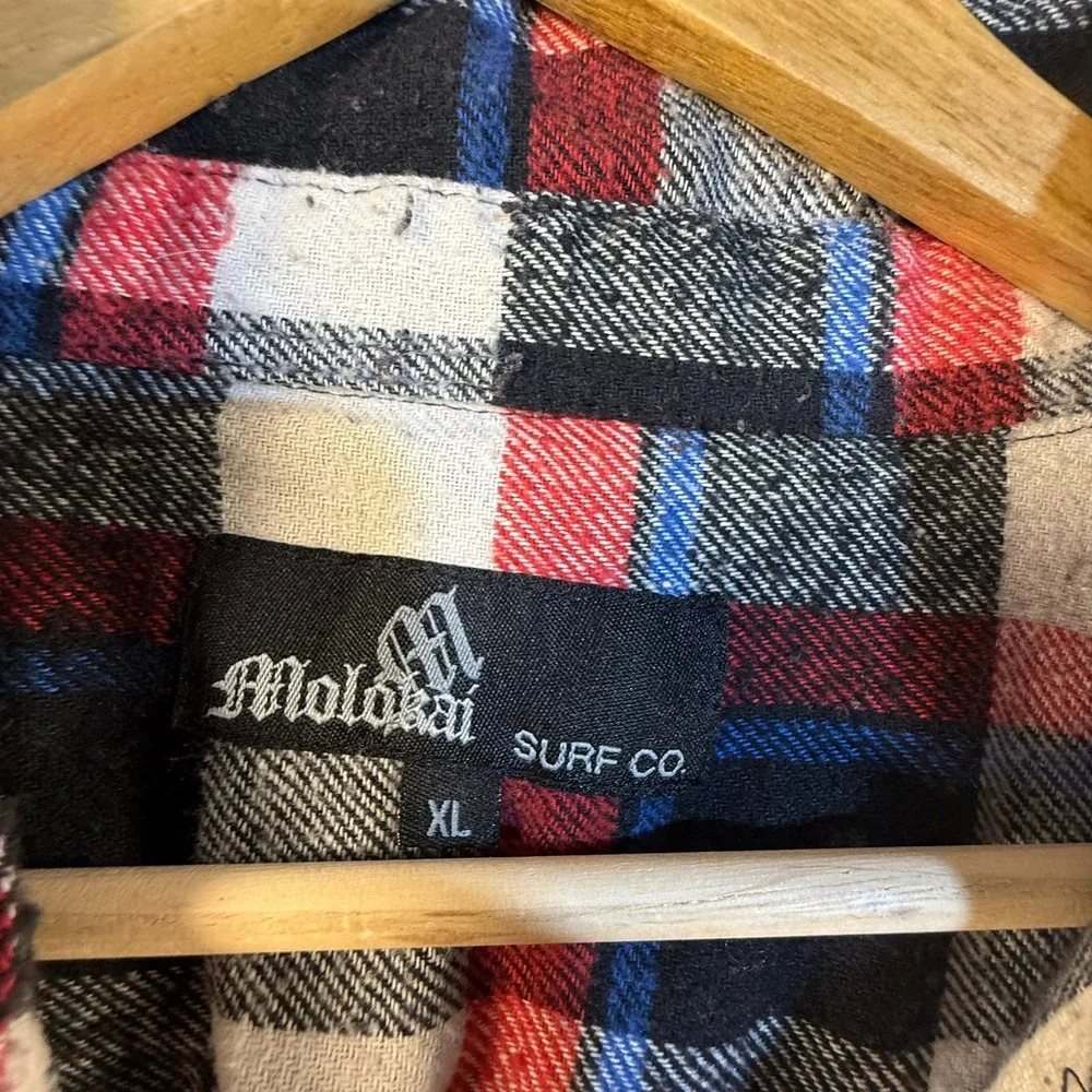 Molokai Surf Co Men XL Flannel Shirt Red White Black Plaid Long Sleeve Button Up
